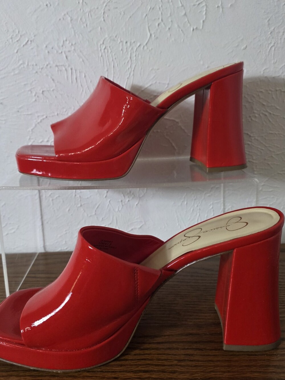Jessica Simpson Kashet Chili Red Patent Mule Platform Block Heel Sandal Size 10M